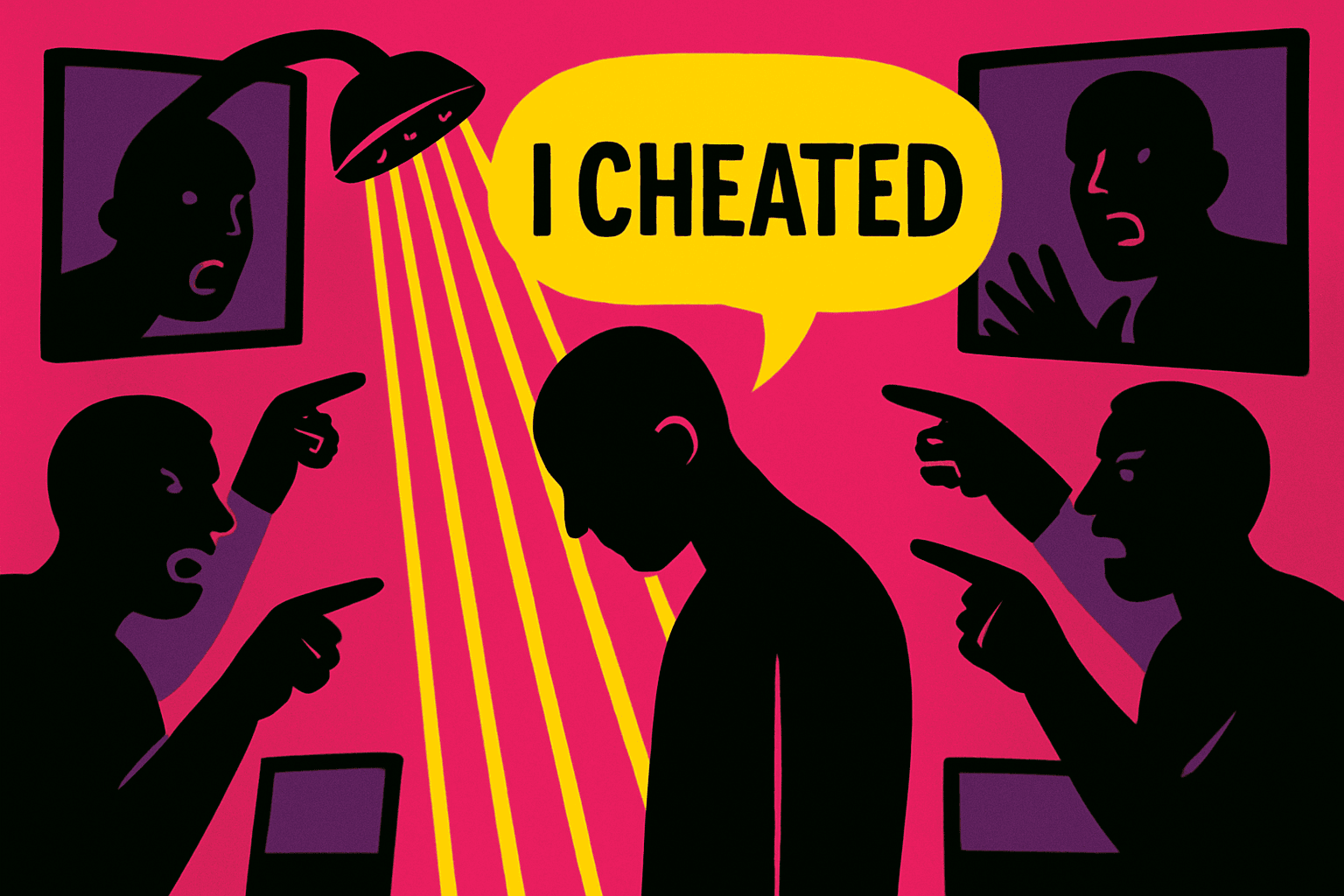 Silhouetted figure in shower with speech bubble surrounded by arguing silhouettes representing divided fanbase