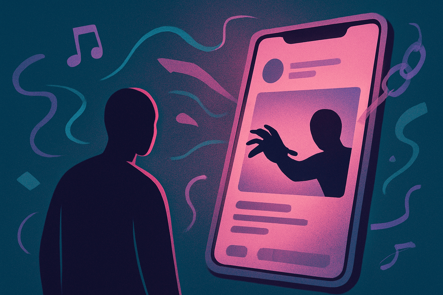 A person reaching toward a smartphone showing a retro social media interface with digital ghosts of the past emerging from the screen.