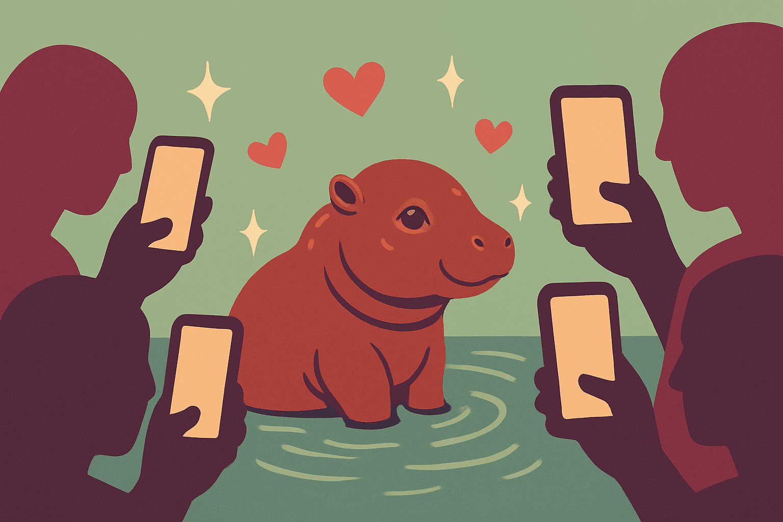 Silhouettes of excited visitors photographing a cute baby pygmy hippo in water at the zoo