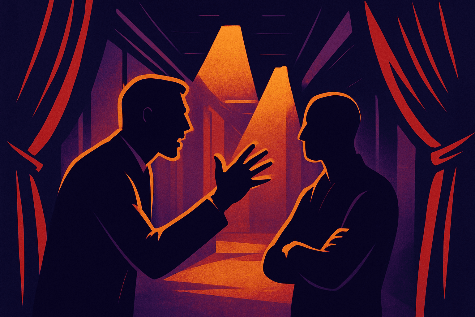 Two anonymous figures having a serious conversation backstage